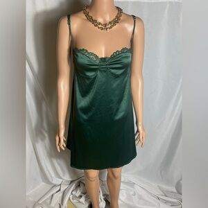 Emerald Satin Lace Trim Open Back Slip Dress Size Large